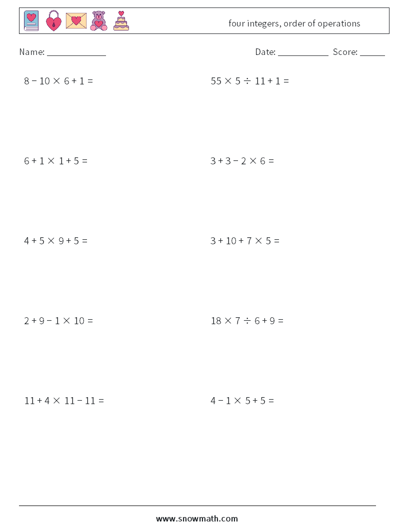 four integers, order of operations Maths Worksheets 11