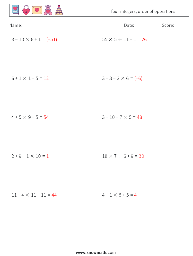 four integers, order of operations Maths Worksheets 11 Question, Answer