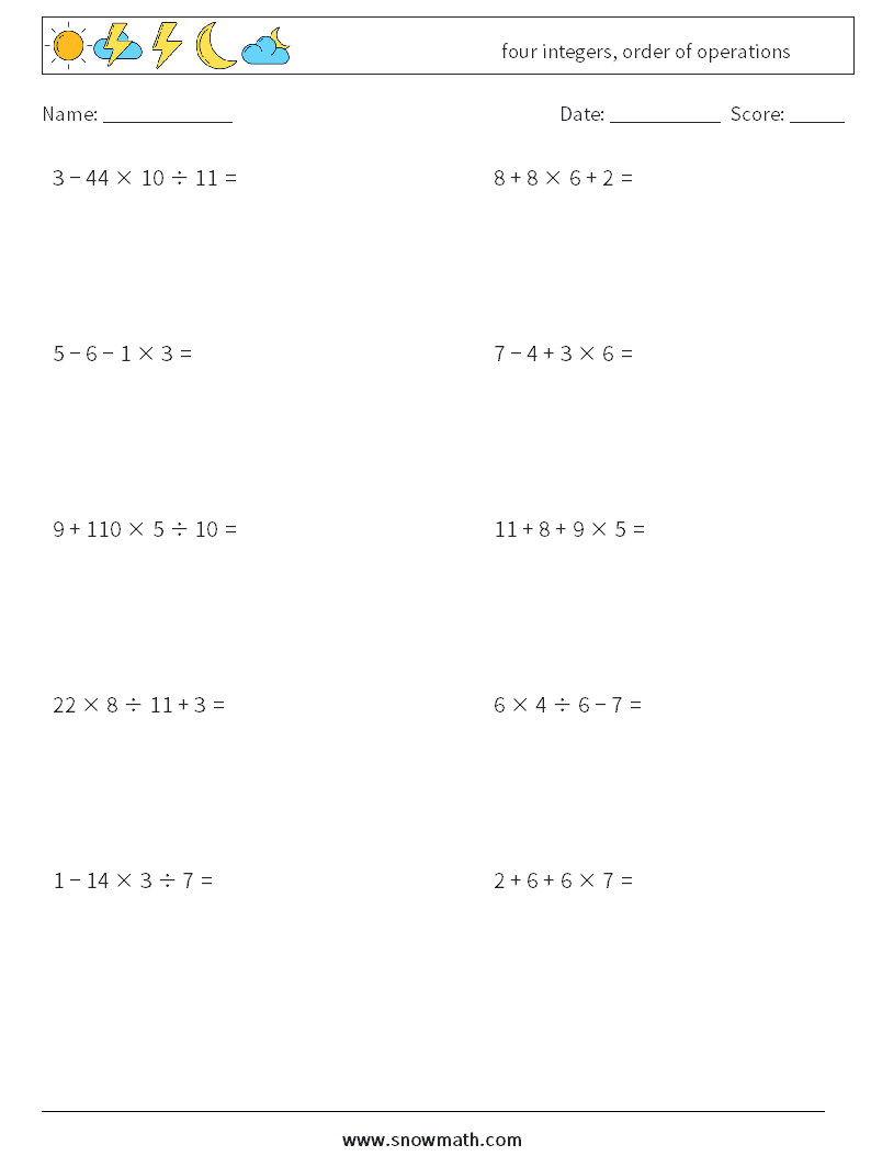 four integers, order of operations Maths Worksheets 12