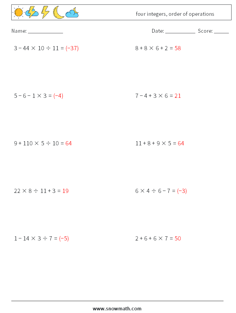 four integers, order of operations Maths Worksheets 12 Question, Answer