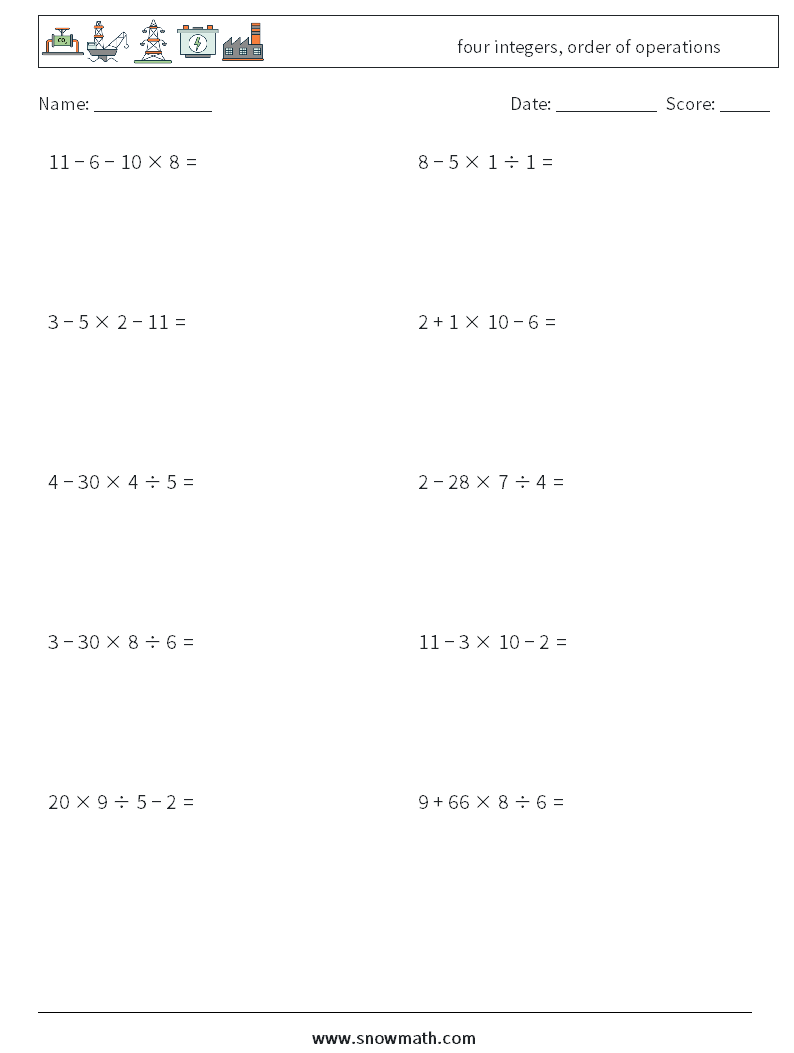 four integers, order of operations Maths Worksheets 14