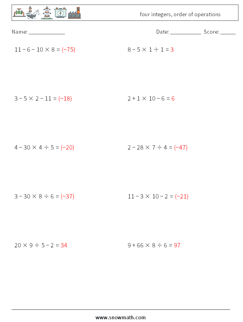 four integers, order of operations Maths Worksheets 14 Question, Answer