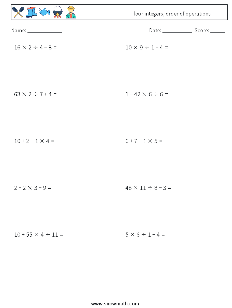 four integers, order of operations Maths Worksheets 15