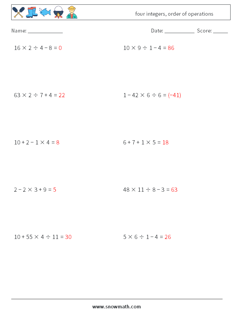 four integers, order of operations Maths Worksheets 15 Question, Answer