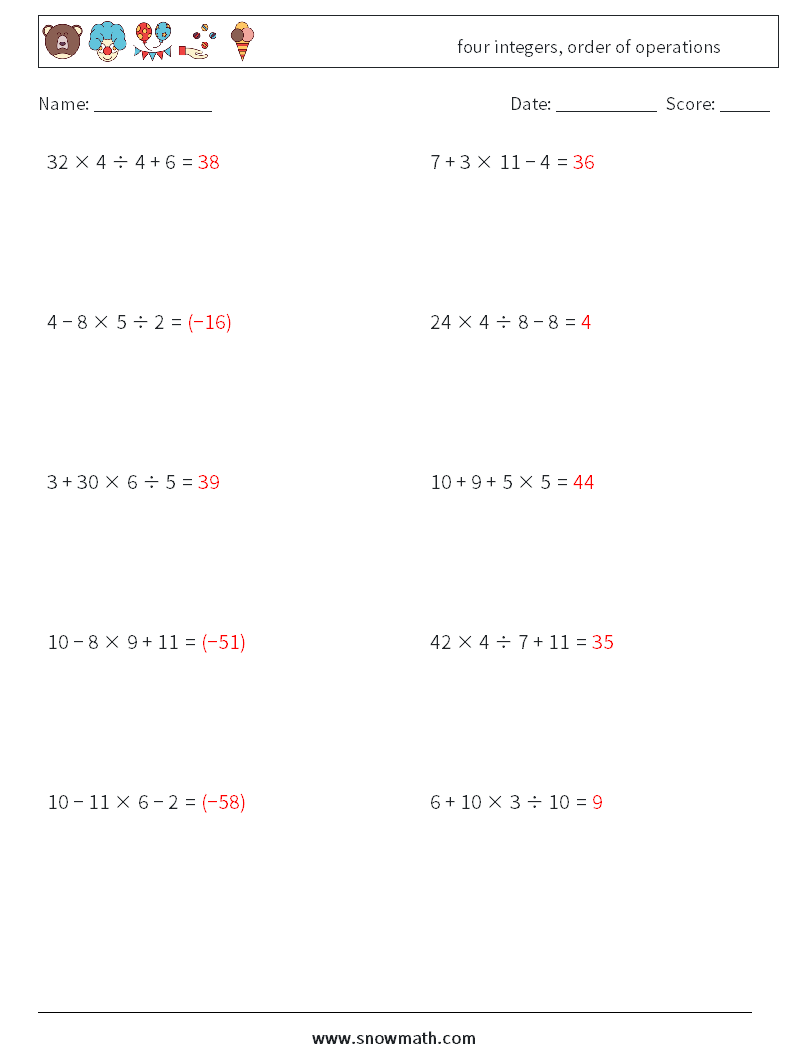 four integers, order of operations Maths Worksheets 16 Question, Answer