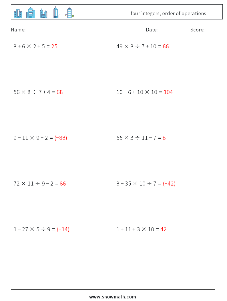 four integers, order of operations Maths Worksheets 17 Question, Answer