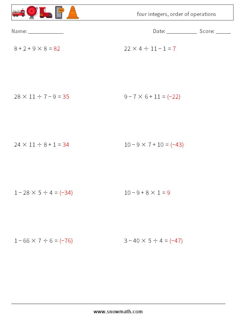 four integers, order of operations Maths Worksheets 1 Question, Answer