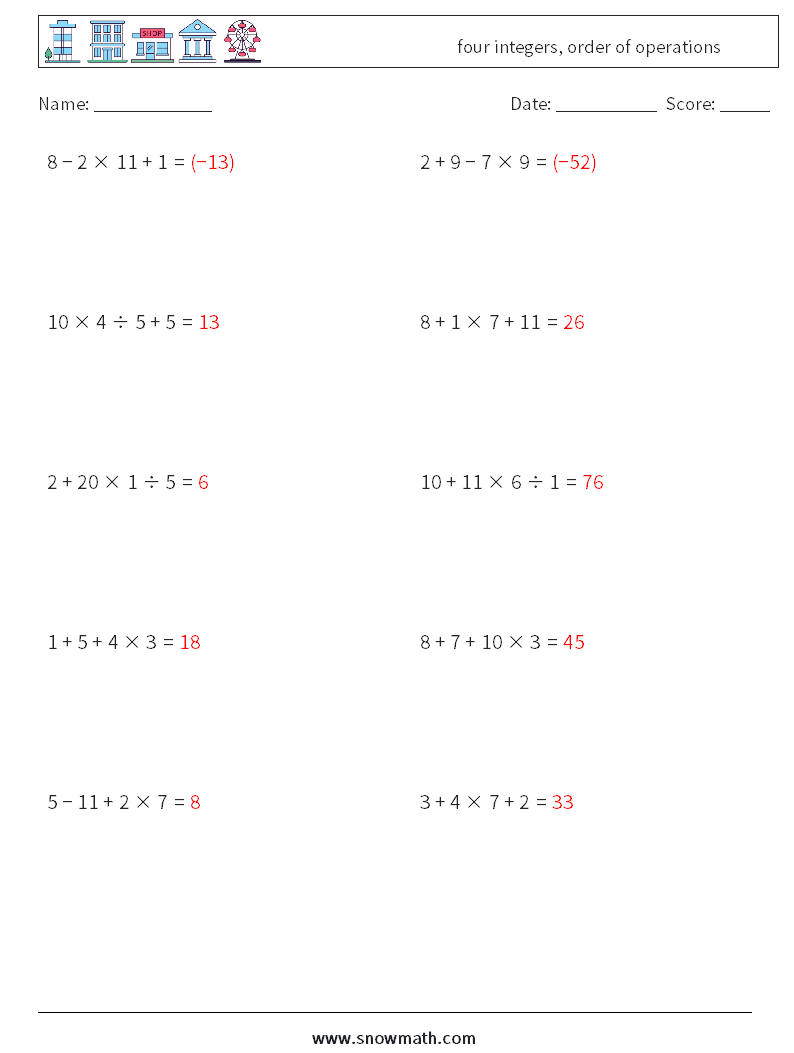 four integers, order of operations Maths Worksheets 2 Question, Answer