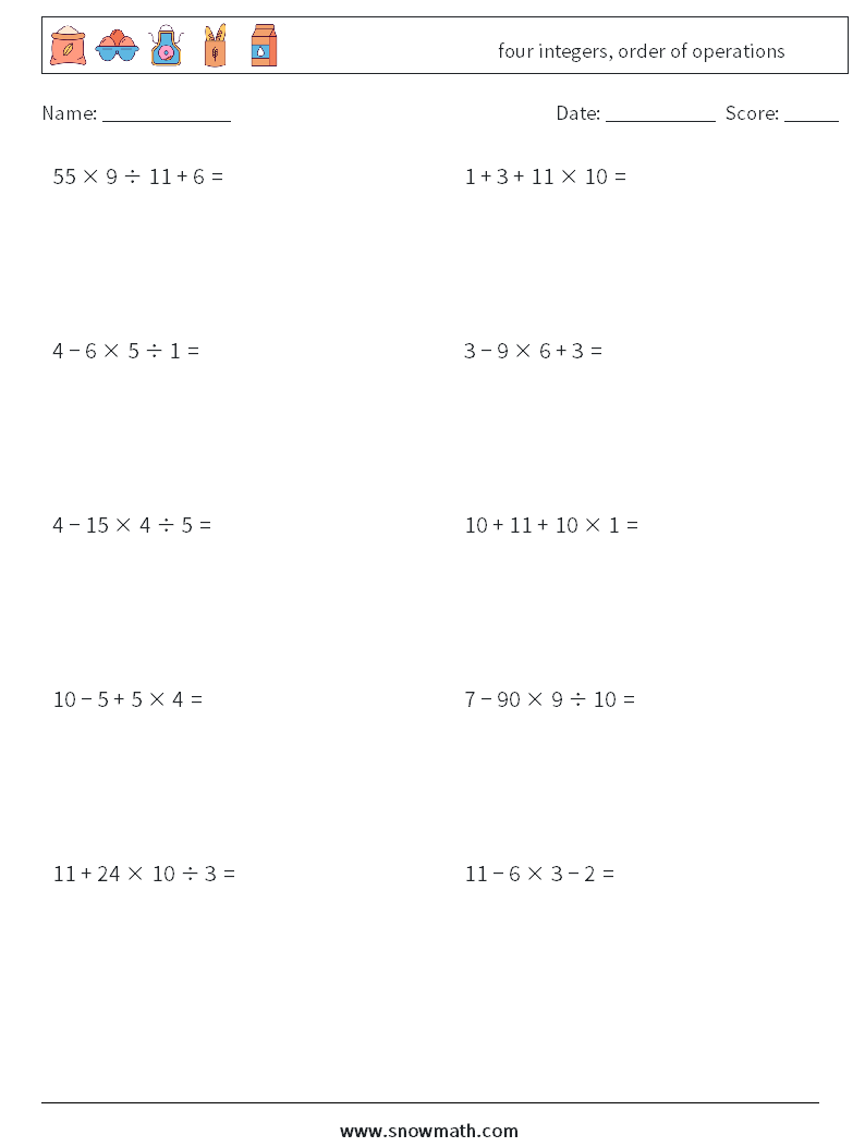 four integers, order of operations Maths Worksheets 3