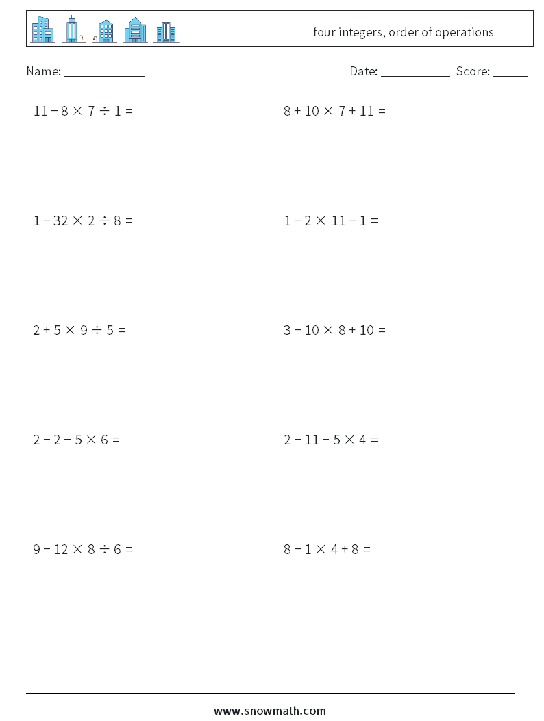 four integers, order of operations Maths Worksheets 4