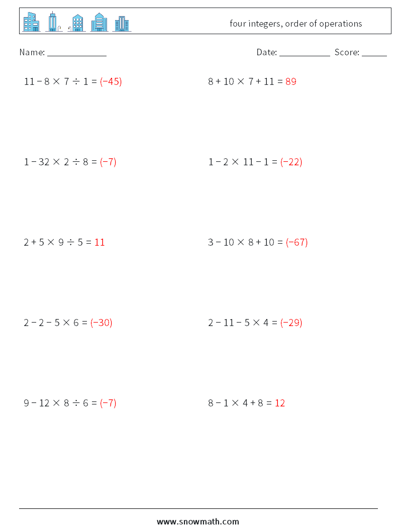 four integers, order of operations Maths Worksheets 4 Question, Answer