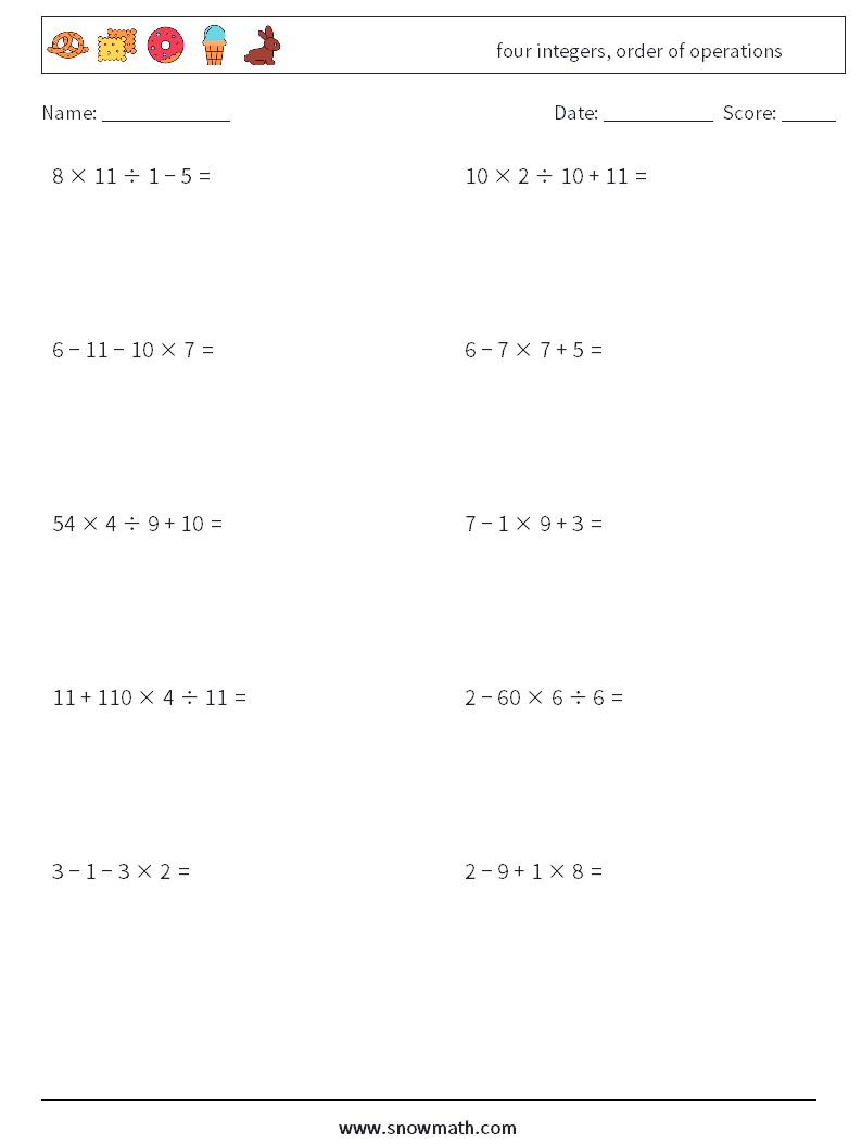 four integers, order of operations Maths Worksheets 6