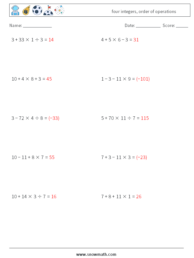 four integers, order of operations Maths Worksheets 7 Question, Answer