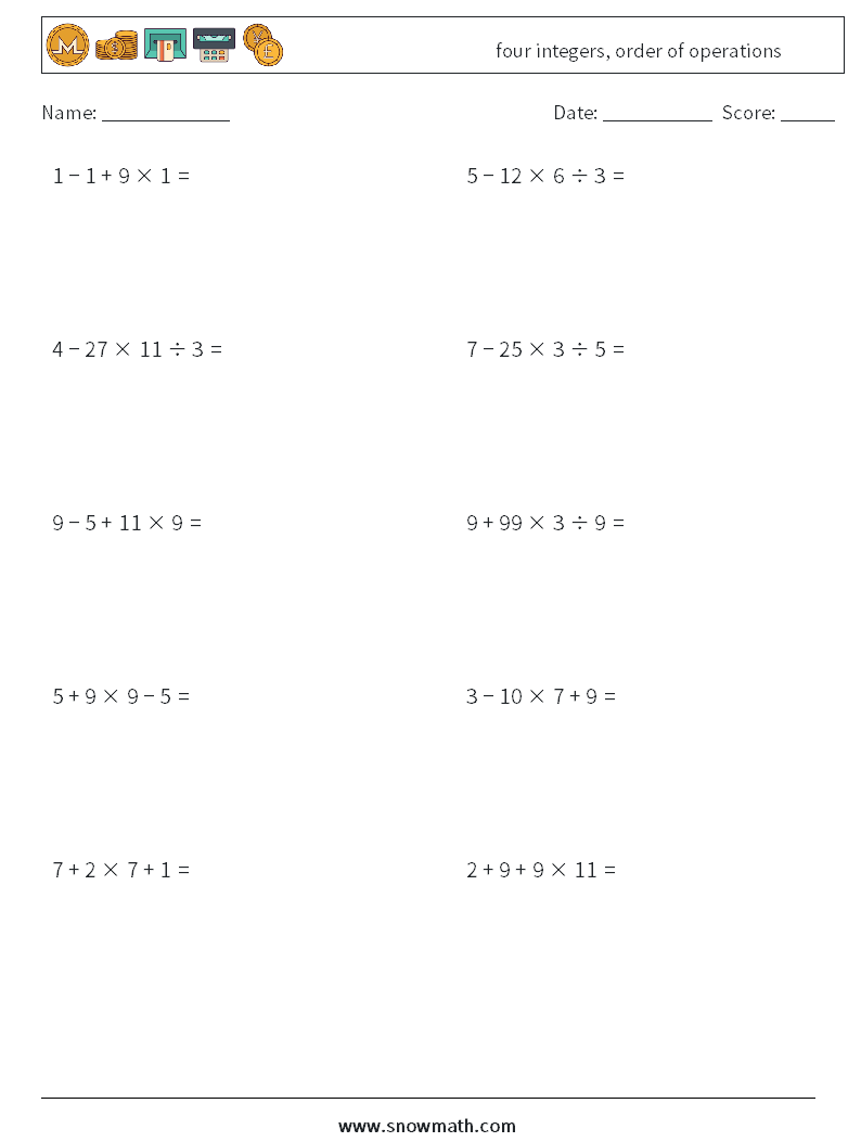 four integers, order of operations Maths Worksheets 9