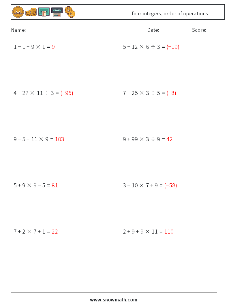 four integers, order of operations Maths Worksheets 9 Question, Answer