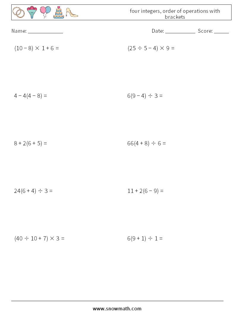 four integers, order of operations with brackets Maths Worksheets 11