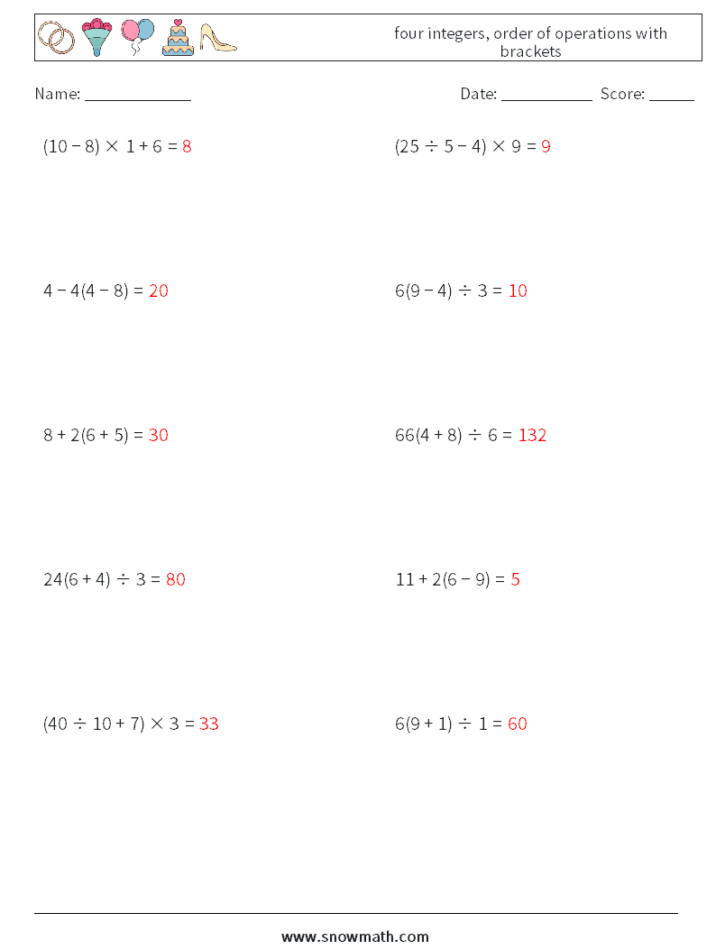four integers, order of operations with brackets Maths Worksheets 11 Question, Answer
