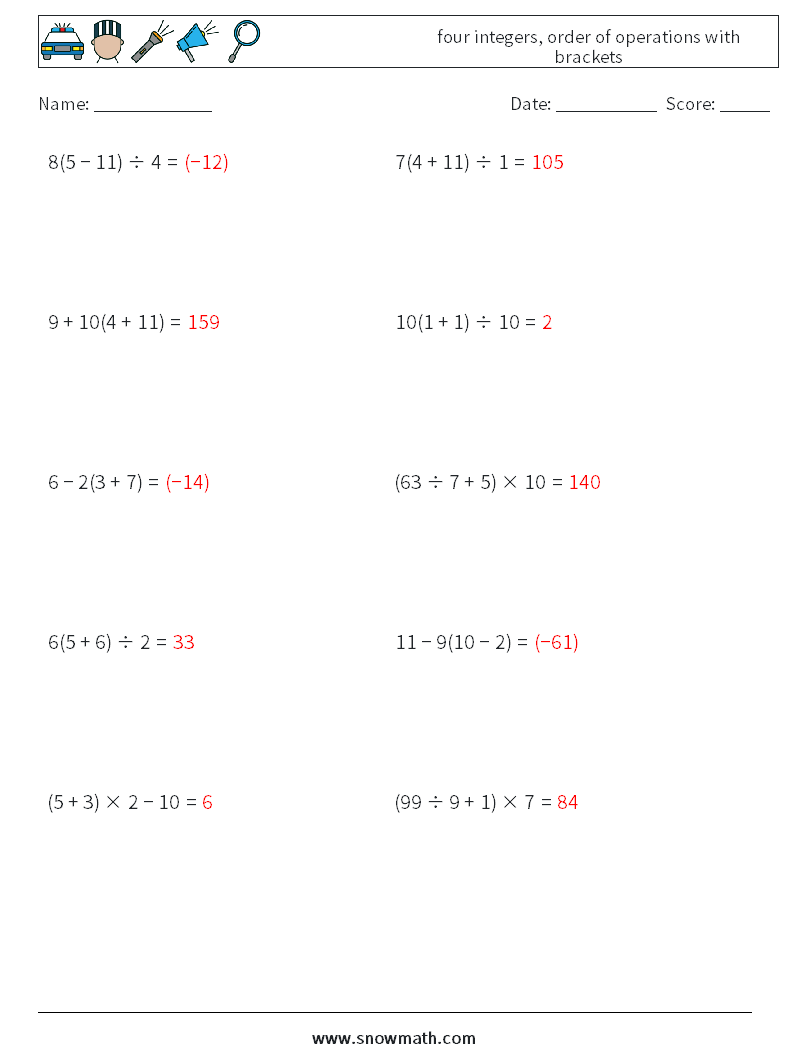 four integers, order of operations with brackets Maths Worksheets 12 Question, Answer