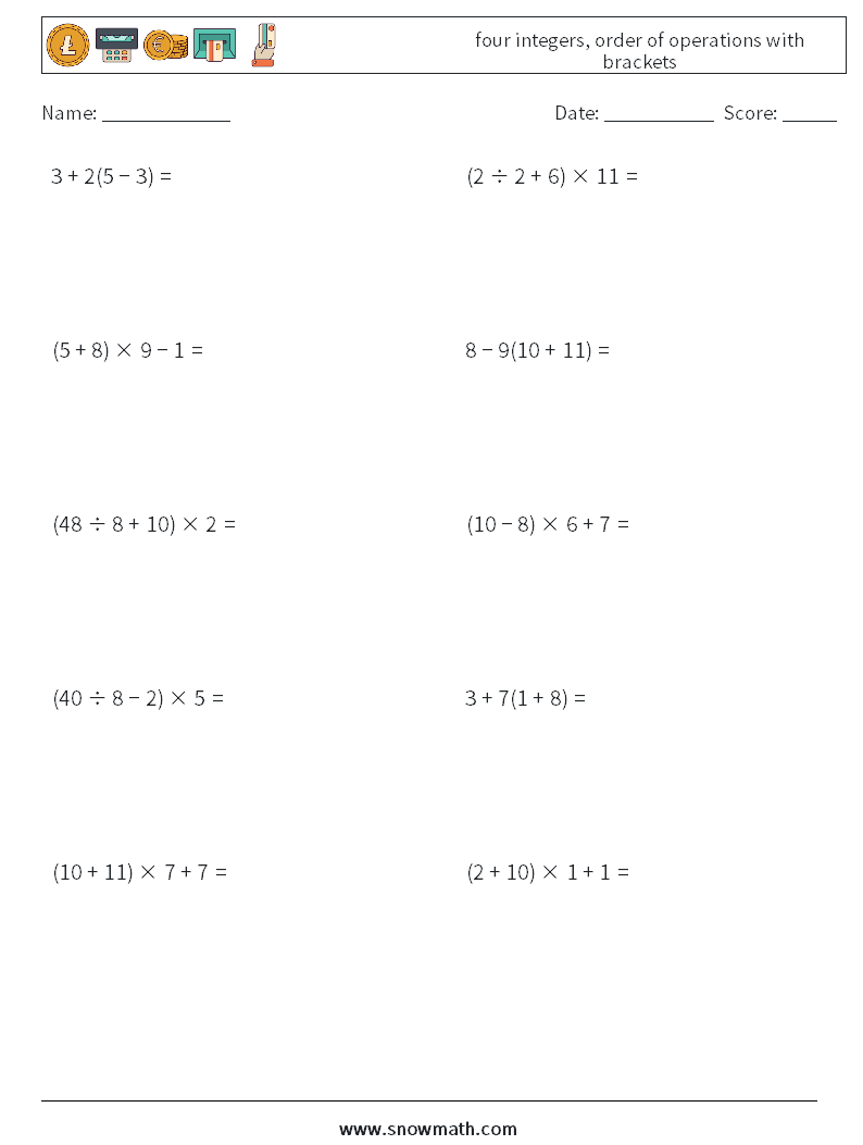 four integers, order of operations with brackets Maths Worksheets 13