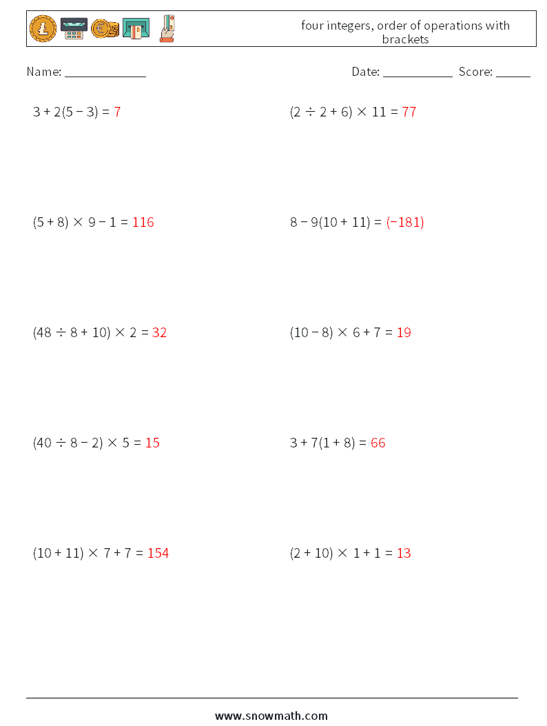 four integers, order of operations with brackets Maths Worksheets 13 Question, Answer