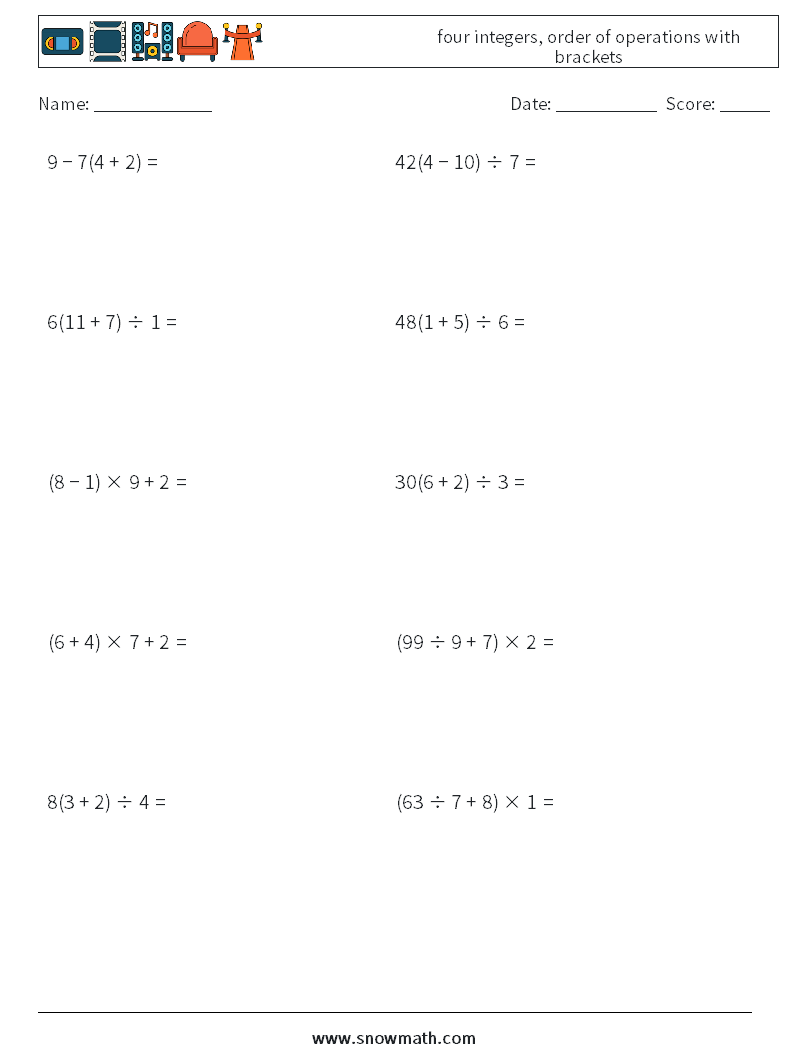 four integers, order of operations with brackets Maths Worksheets 14