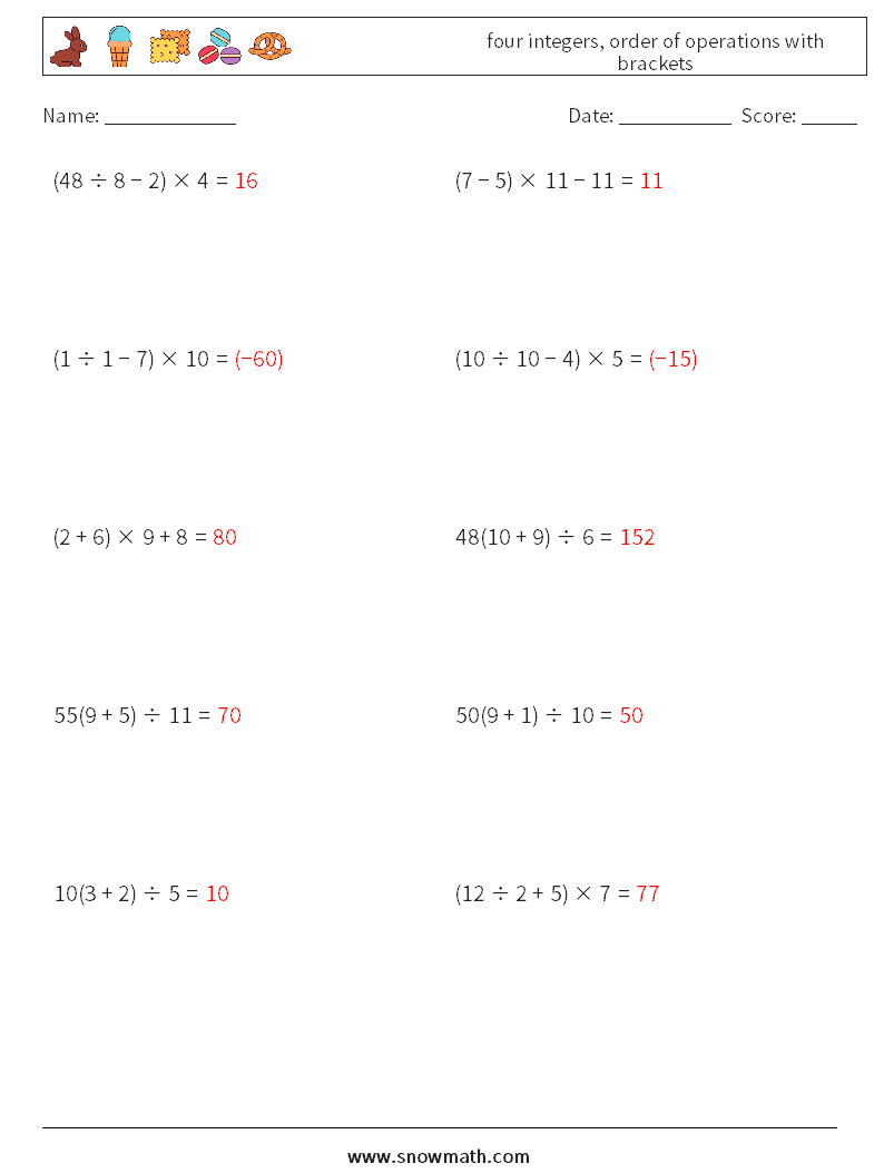 four integers, order of operations with brackets Maths Worksheets 16 Question, Answer