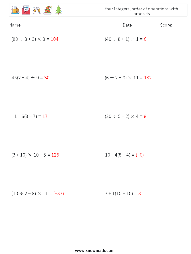 four integers, order of operations with brackets Maths Worksheets 17 Question, Answer