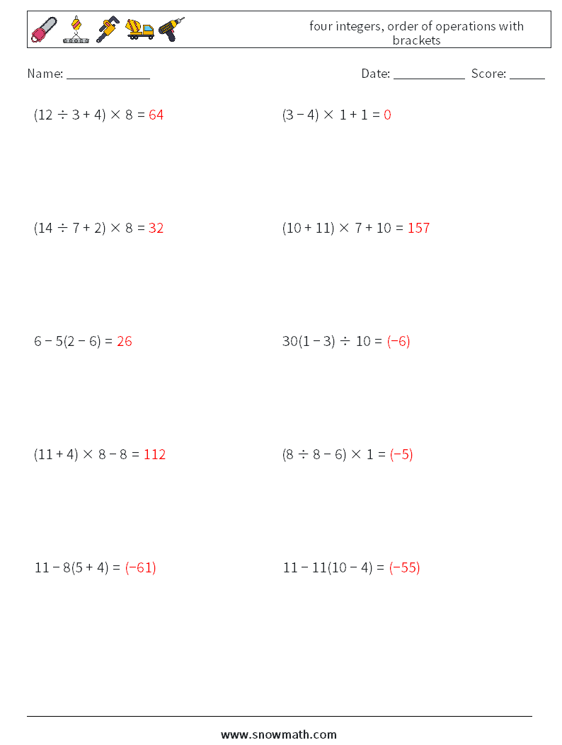four integers, order of operations with brackets Maths Worksheets 1 Question, Answer