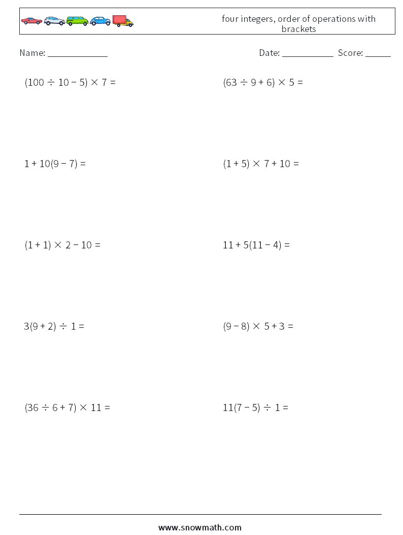 four integers, order of operations with brackets Maths Worksheets 2
