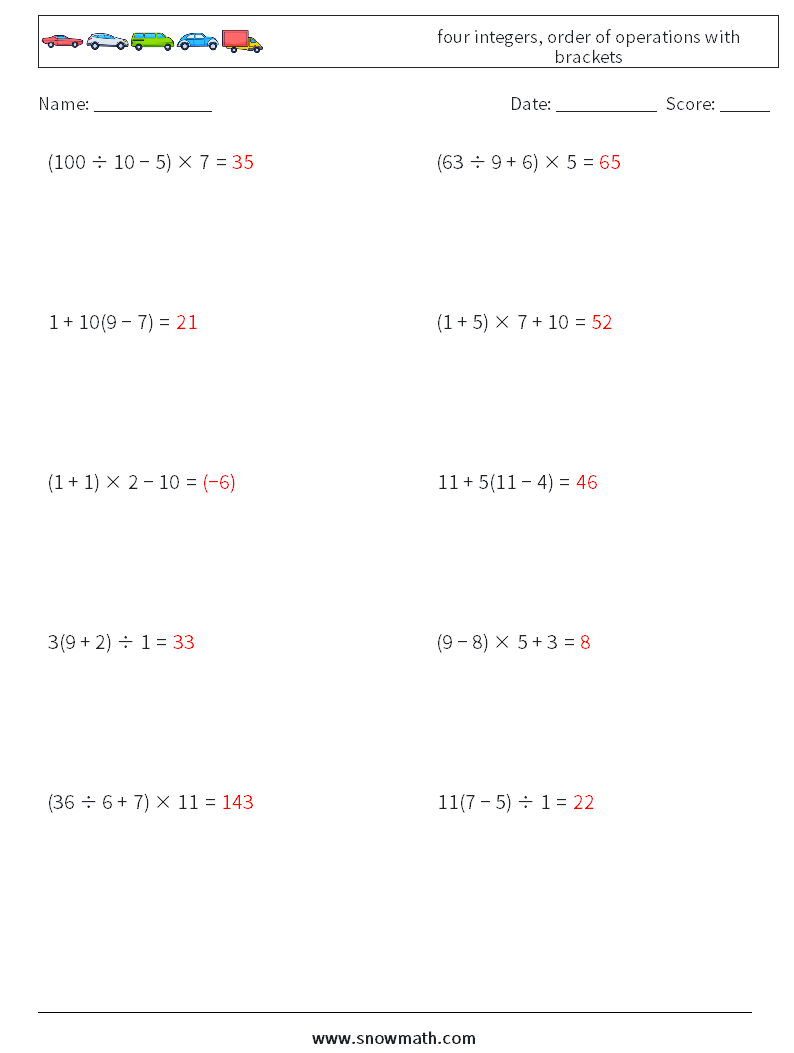four integers, order of operations with brackets Maths Worksheets 2 Question, Answer