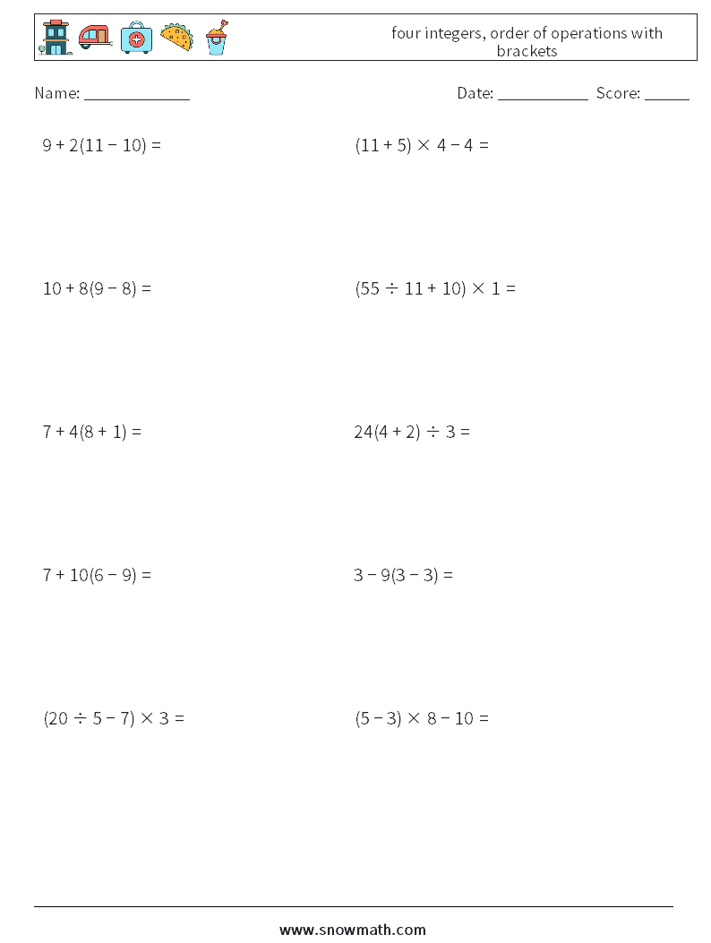 four integers, order of operations with brackets Maths Worksheets 3