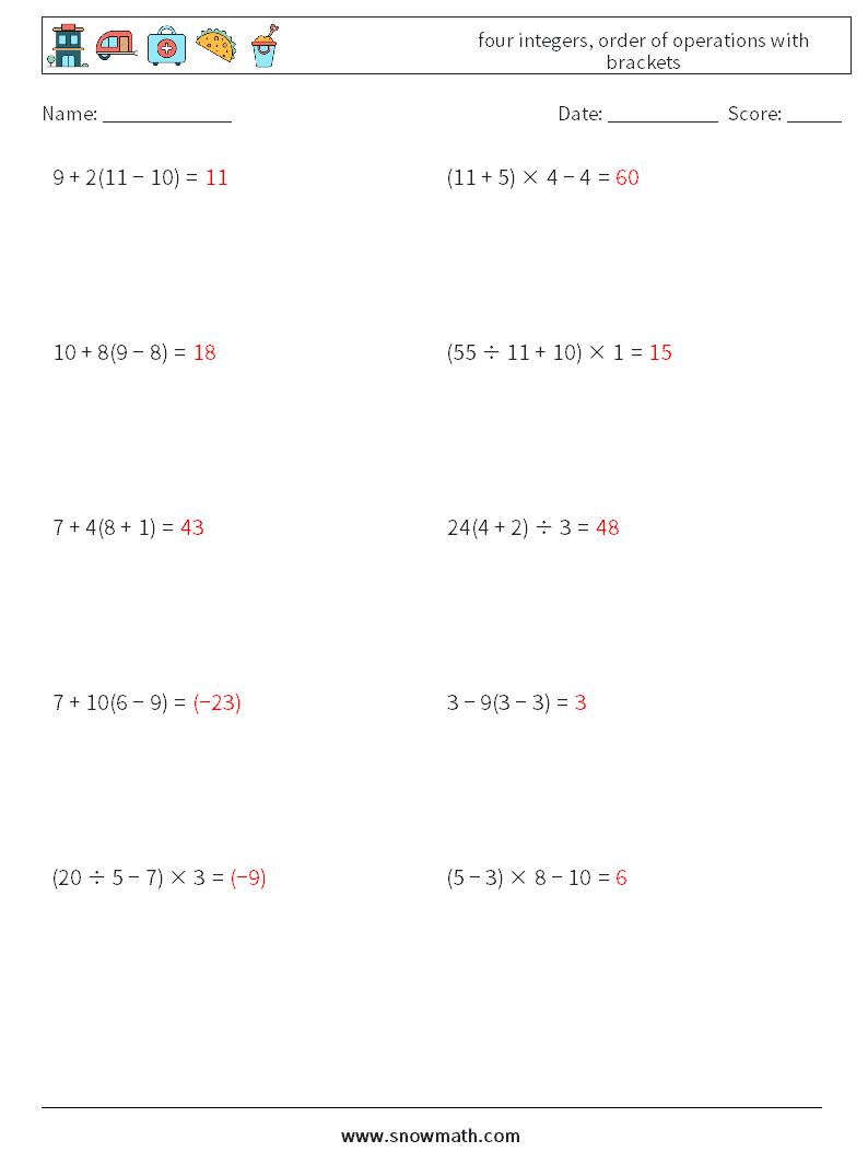 four integers, order of operations with brackets Maths Worksheets 3 Question, Answer