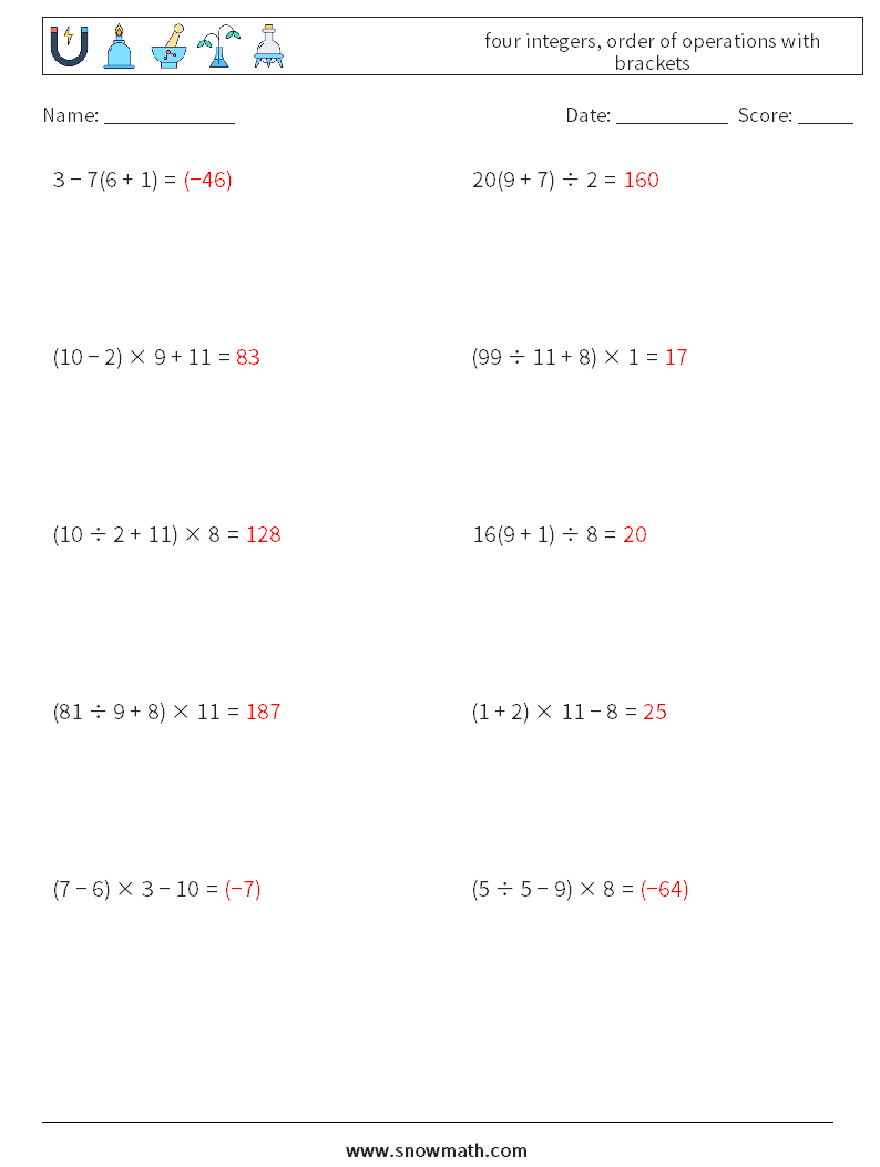 four integers, order of operations with brackets Maths Worksheets 4 Question, Answer