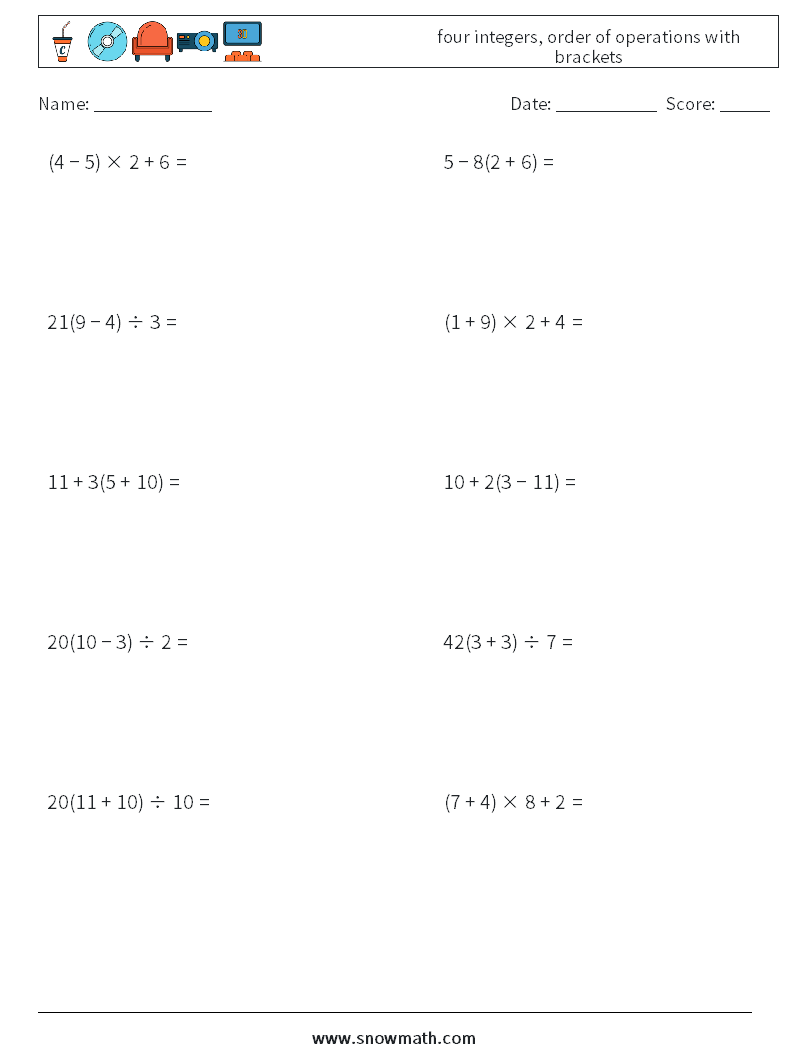 four integers, order of operations with brackets Maths Worksheets 7