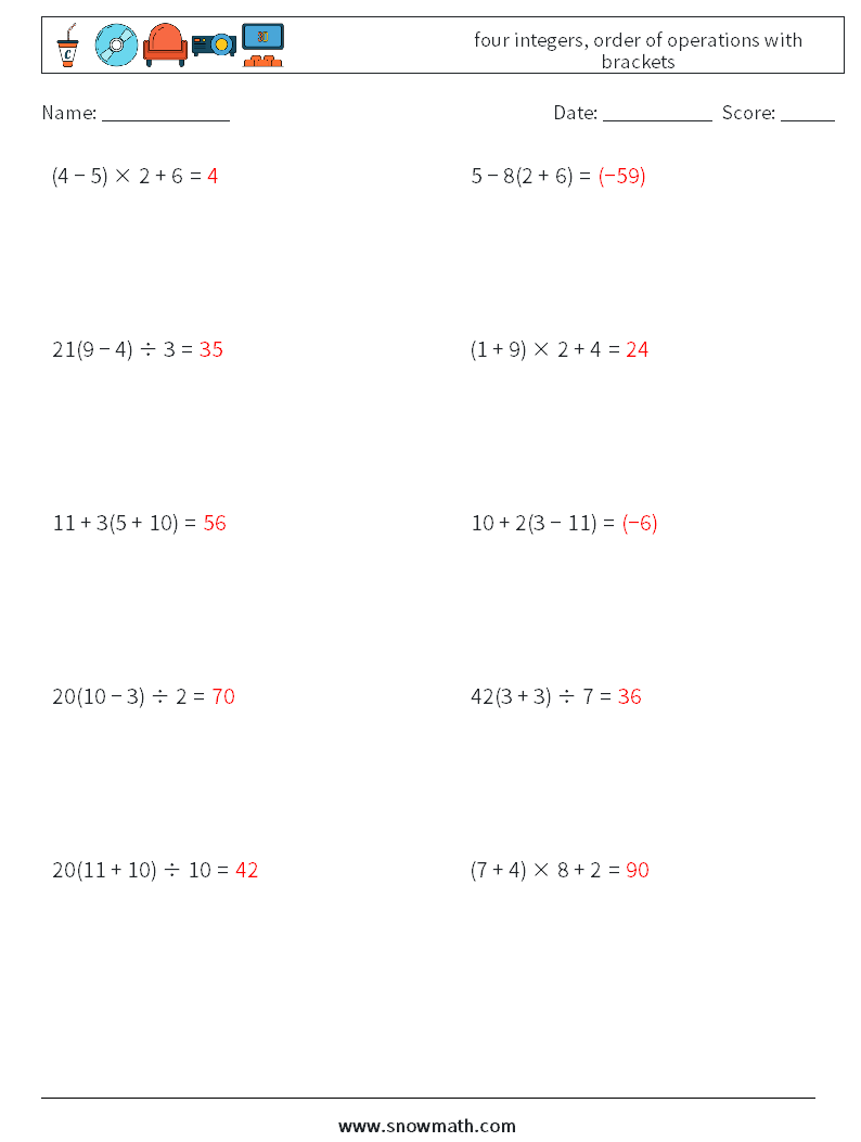 four integers, order of operations with brackets Maths Worksheets 7 Question, Answer