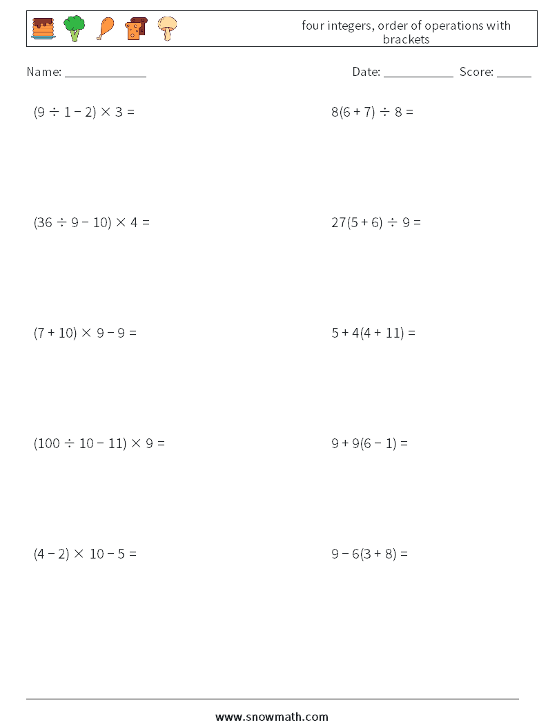 four integers, order of operations with brackets Maths Worksheets 8