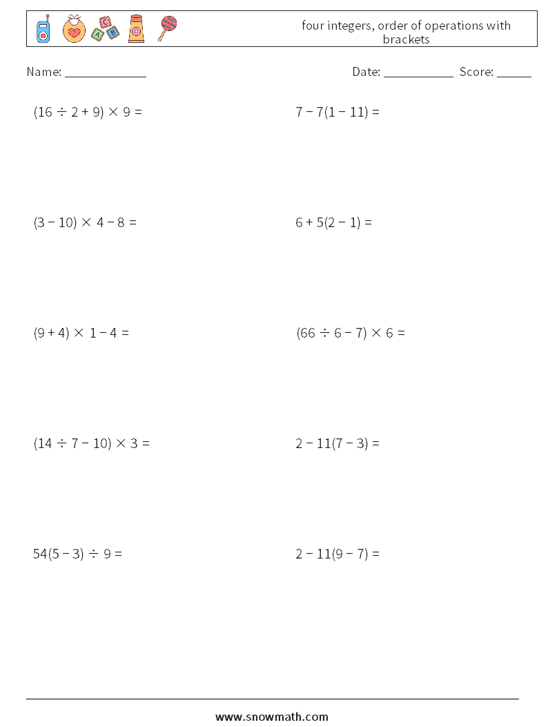 four integers, order of operations with brackets Maths Worksheets 9