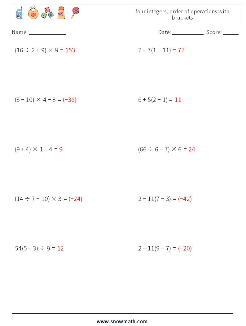 four integers, order of operations with brackets Maths Worksheets 9 Question, Answer