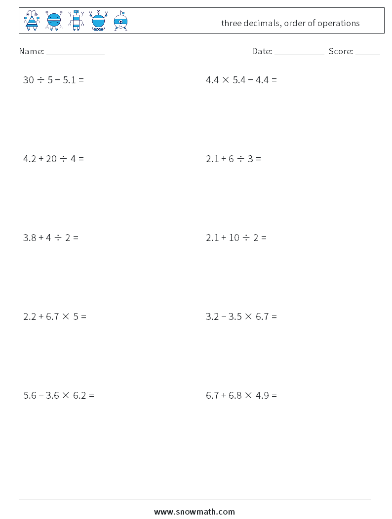 three decimals, order of operations Maths Worksheets 10