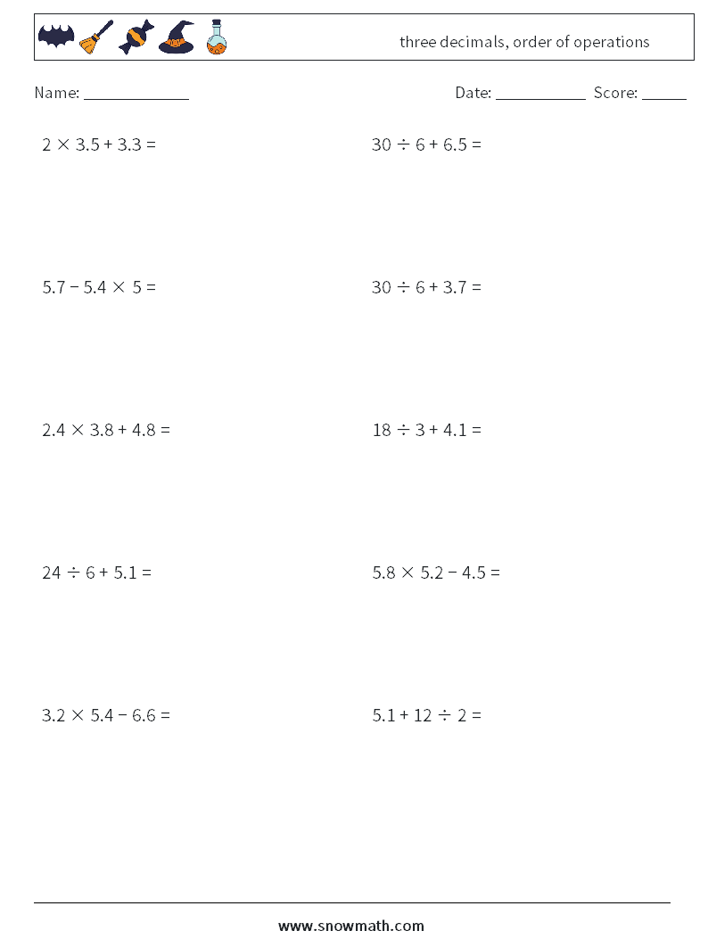 three decimals, order of operations Maths Worksheets 12