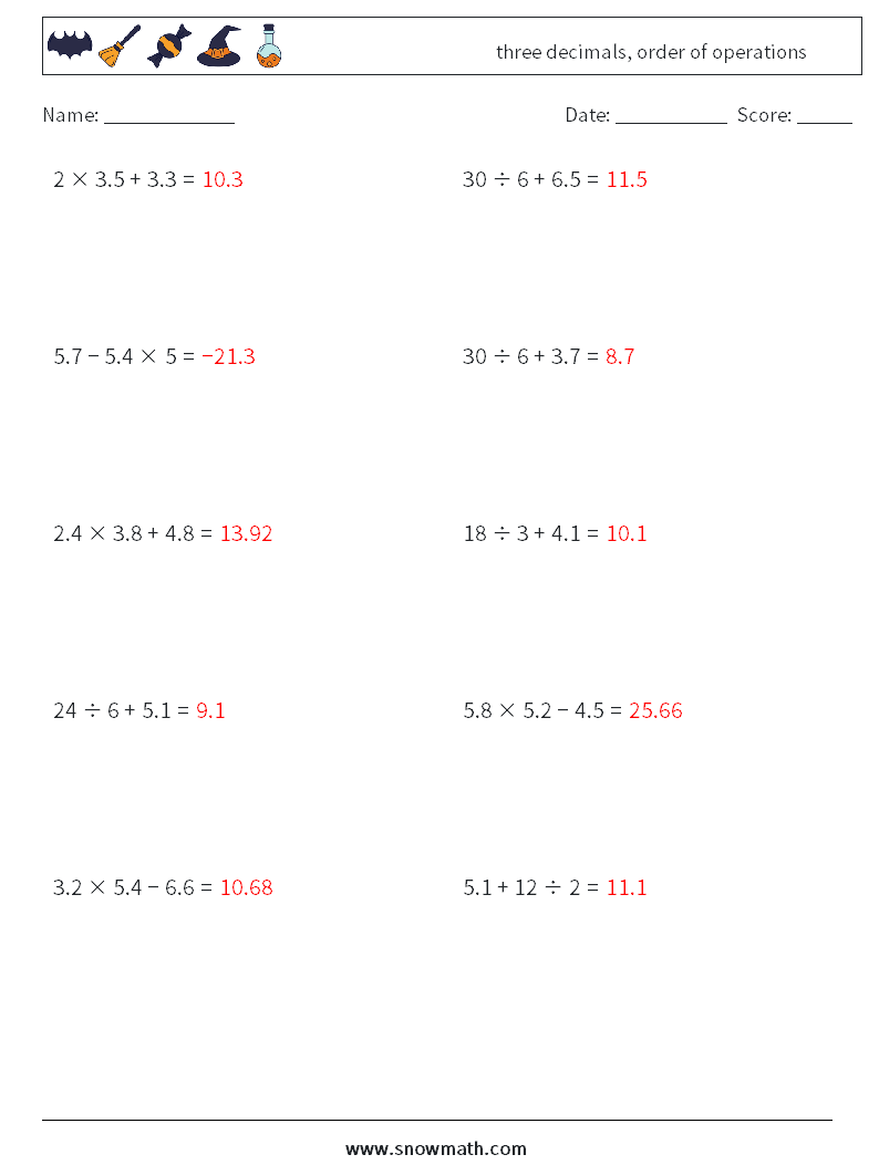 three decimals, order of operations Maths Worksheets 12 Question, Answer