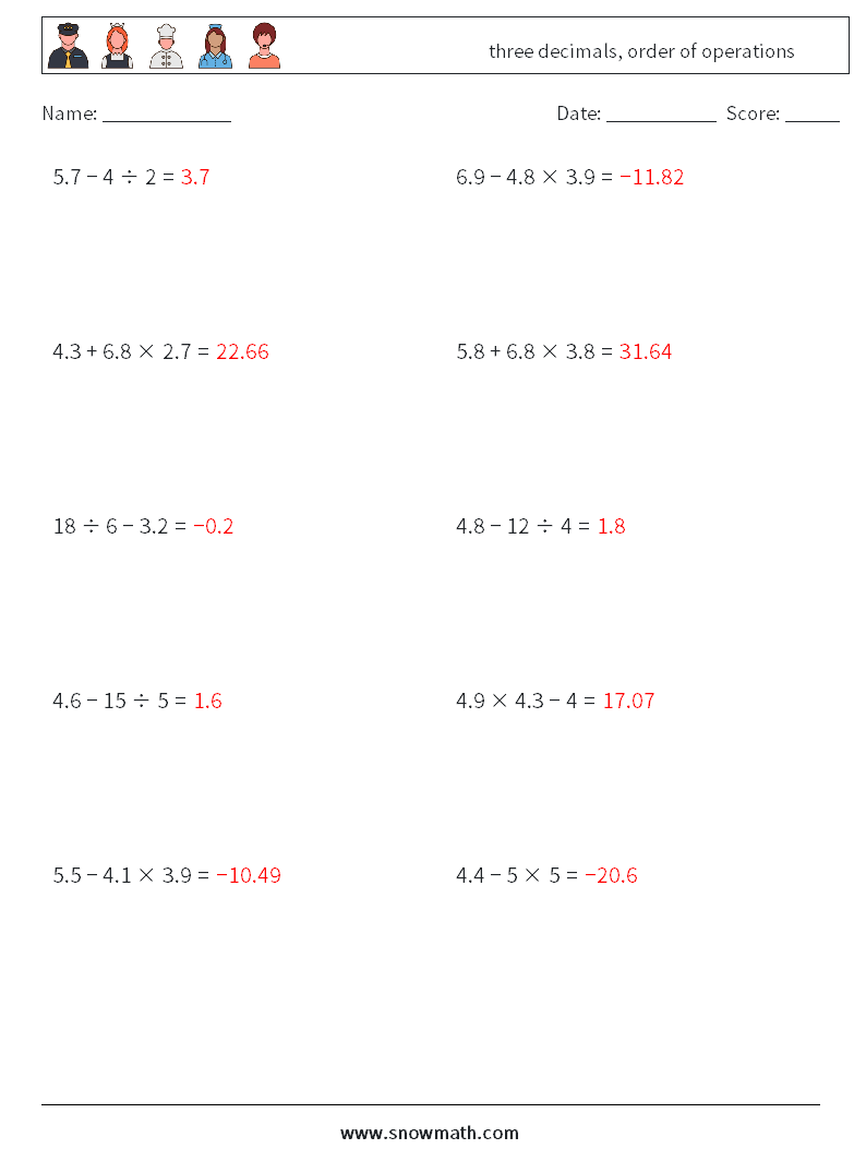 three decimals, order of operations Maths Worksheets 14 Question, Answer