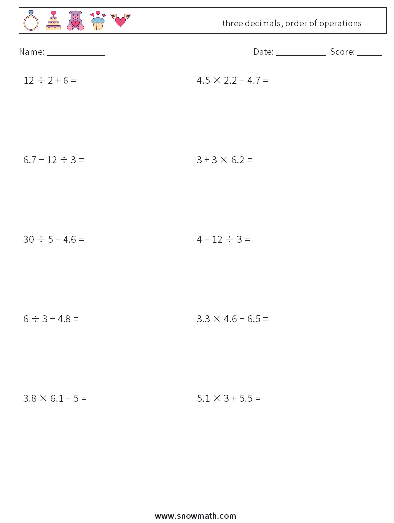 three decimals, order of operations Maths Worksheets 15