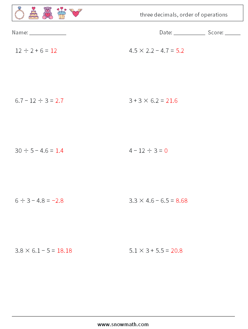 three decimals, order of operations Maths Worksheets 15 Question, Answer