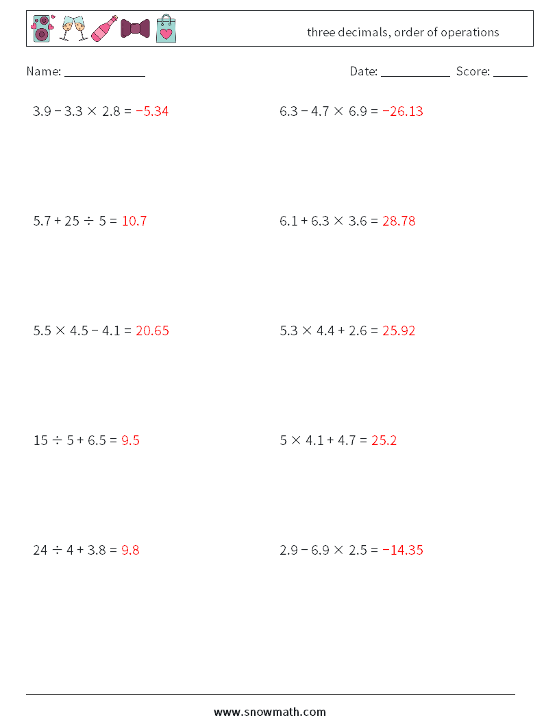 three decimals, order of operations Maths Worksheets 16 Question, Answer