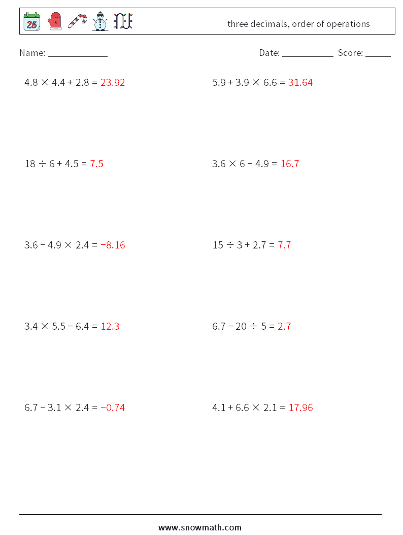 three decimals, order of operations Maths Worksheets 17 Question, Answer