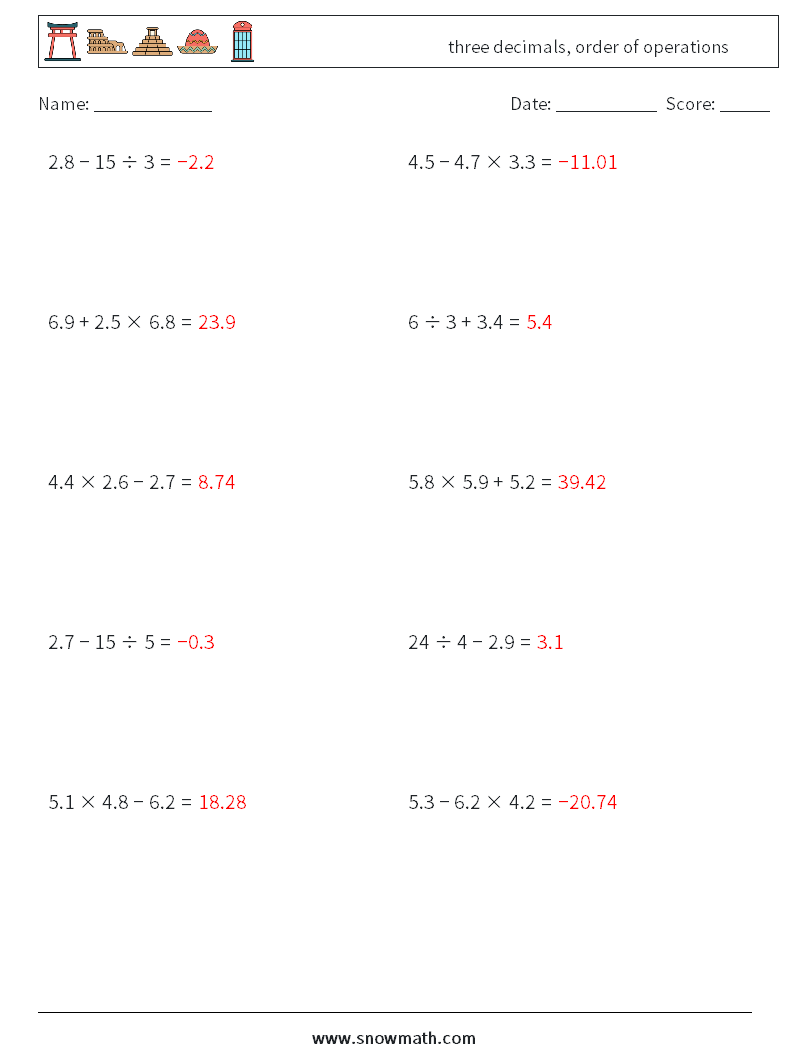 three decimals, order of operations Maths Worksheets 18 Question, Answer