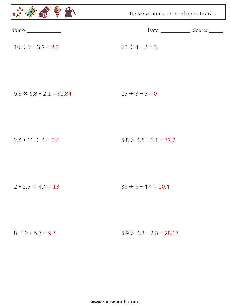 three decimals, order of operations Maths Worksheets 1 Question, Answer