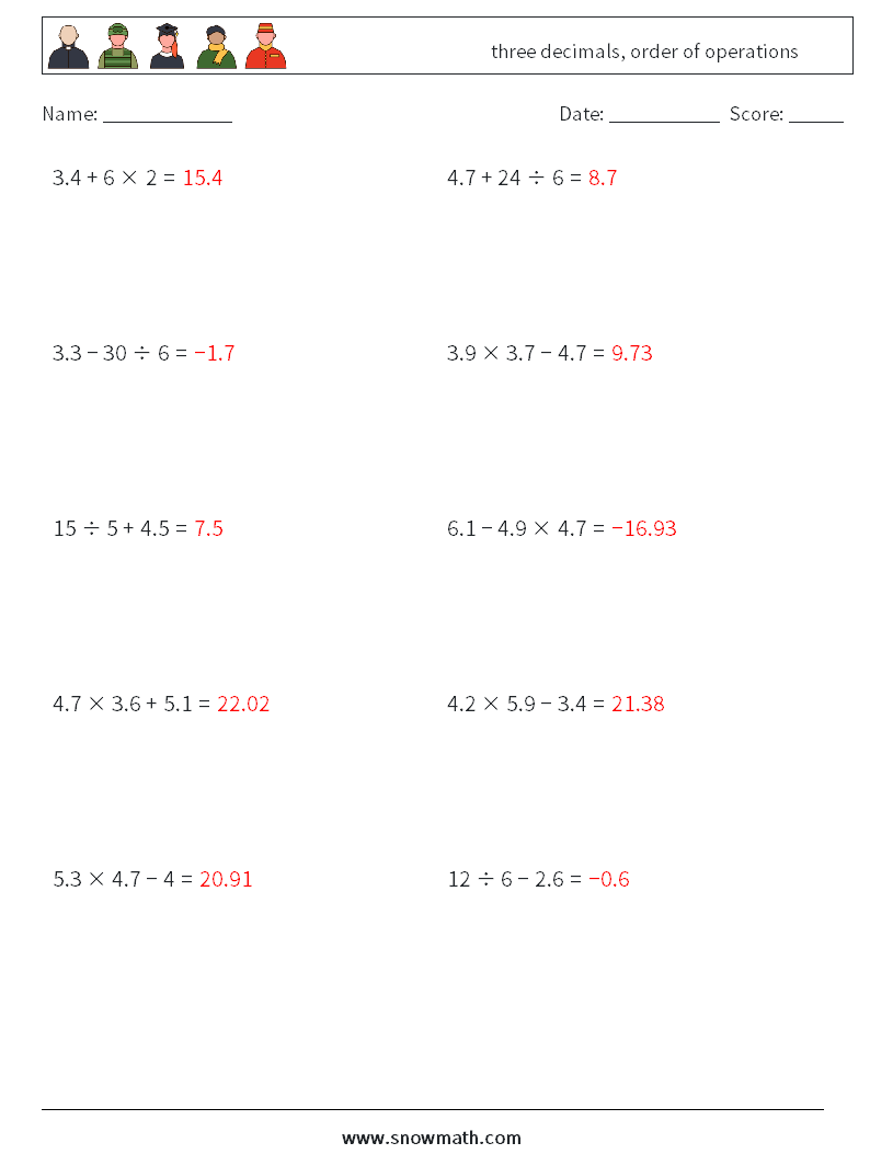 three decimals, order of operations Maths Worksheets 2 Question, Answer