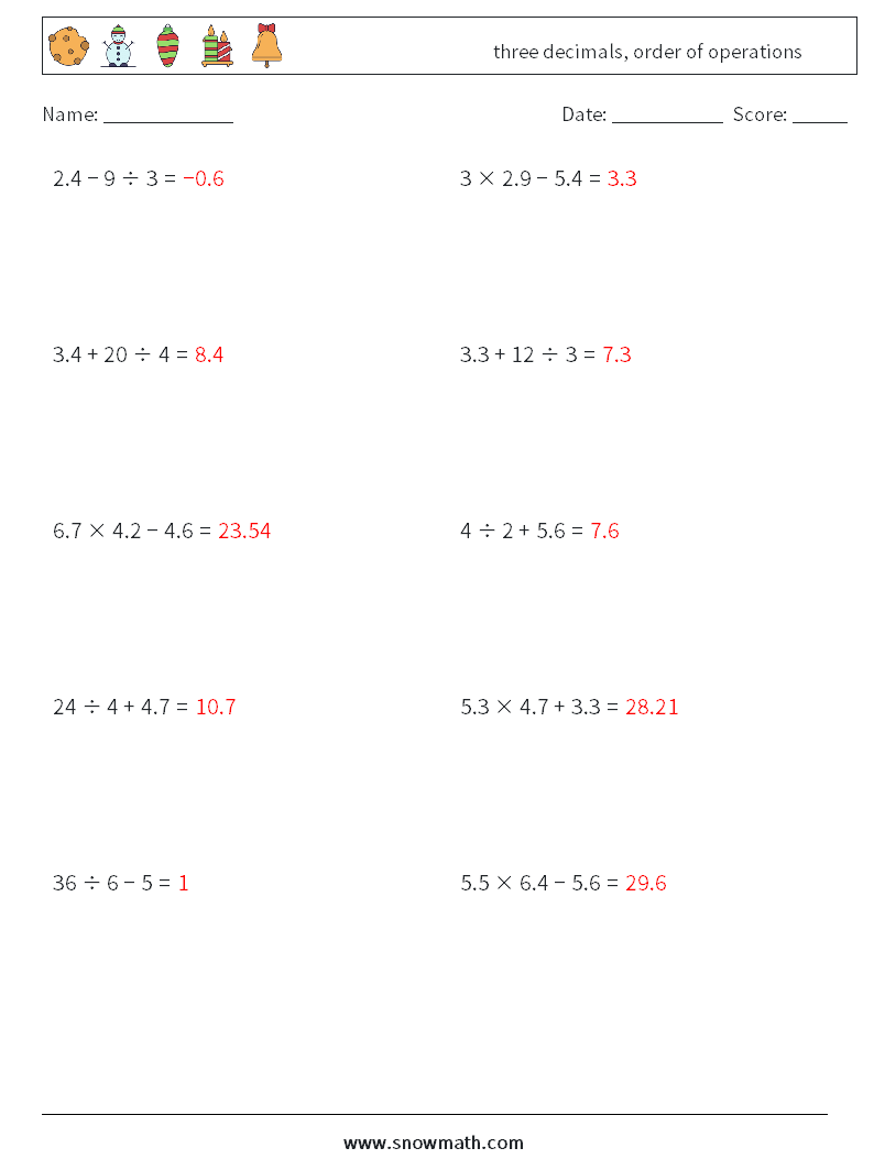 three decimals, order of operations Maths Worksheets 3 Question, Answer